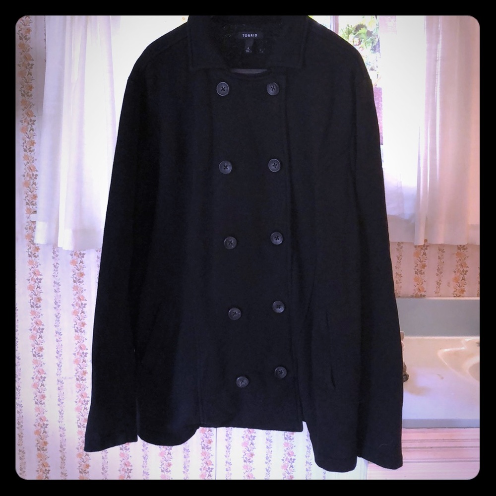 Black pea coat style sweatshirt material coat
